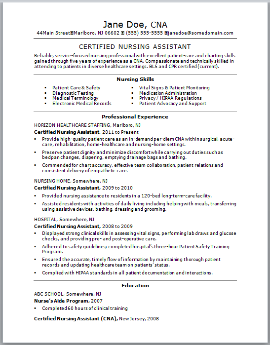 sample resume for a certified nursing assistant