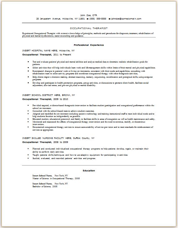 School occupational therapist resume